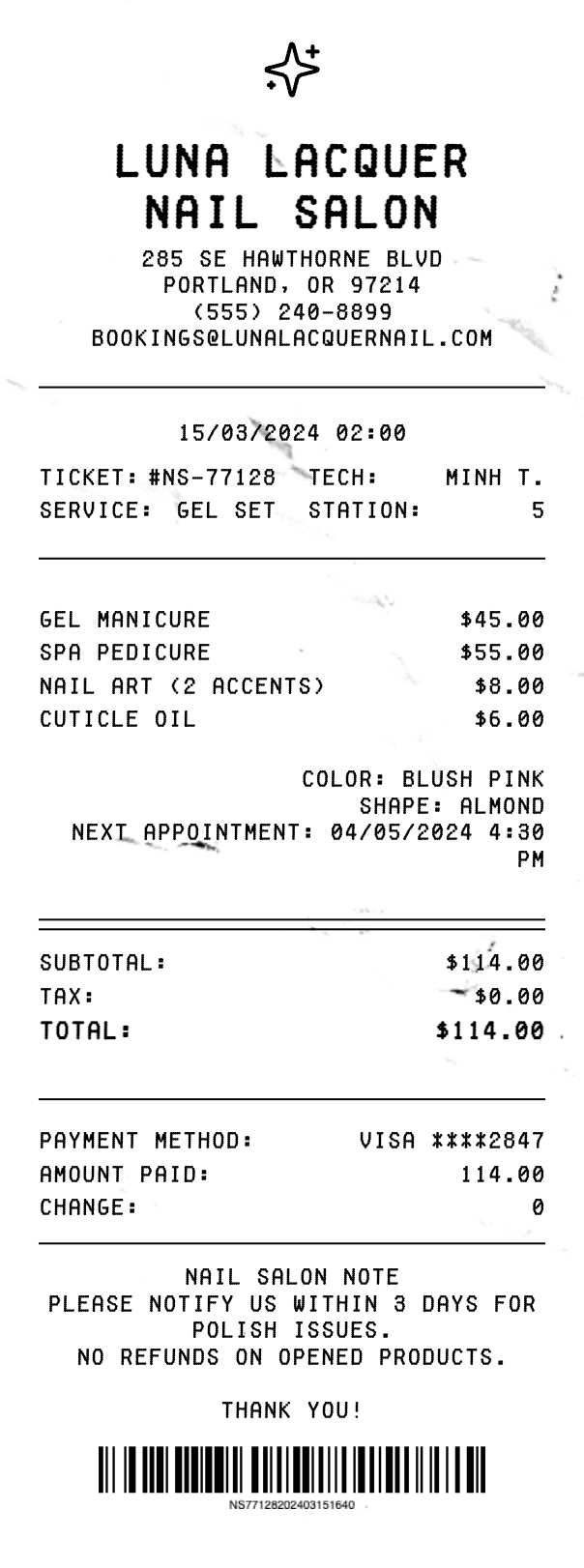 Nail Salon Receipt - Professional receipt template preview