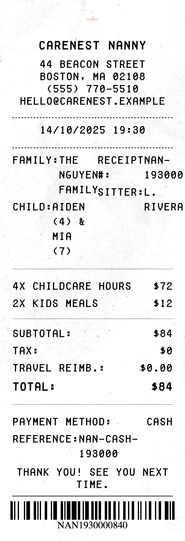 Nanny Receipt - Professional receipt template preview