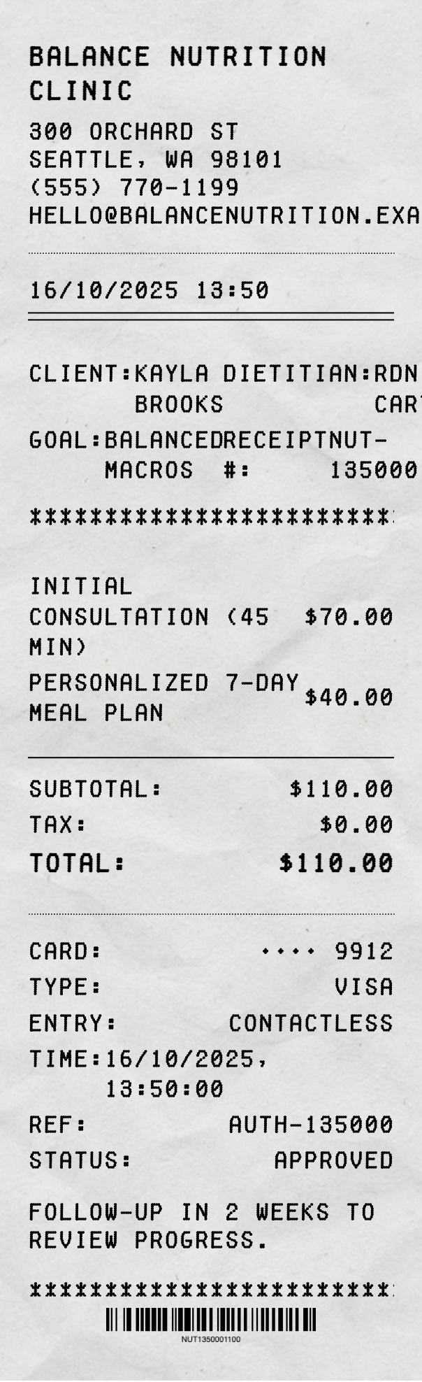 Nutritionist Receipt - Professional receipt template preview