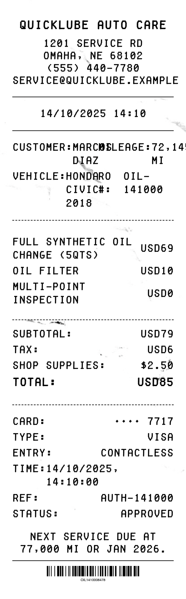 Oil Change Receipt - Professional receipt template preview