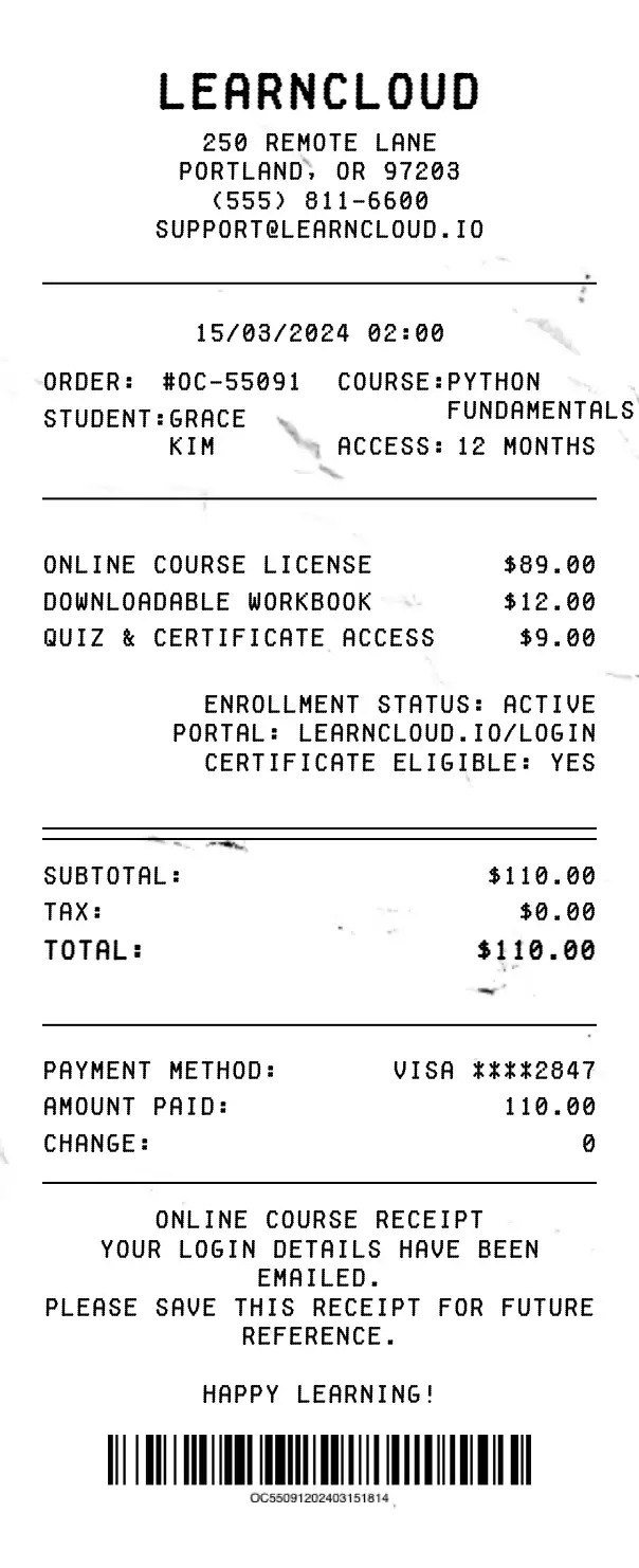Online Course Receipt preview