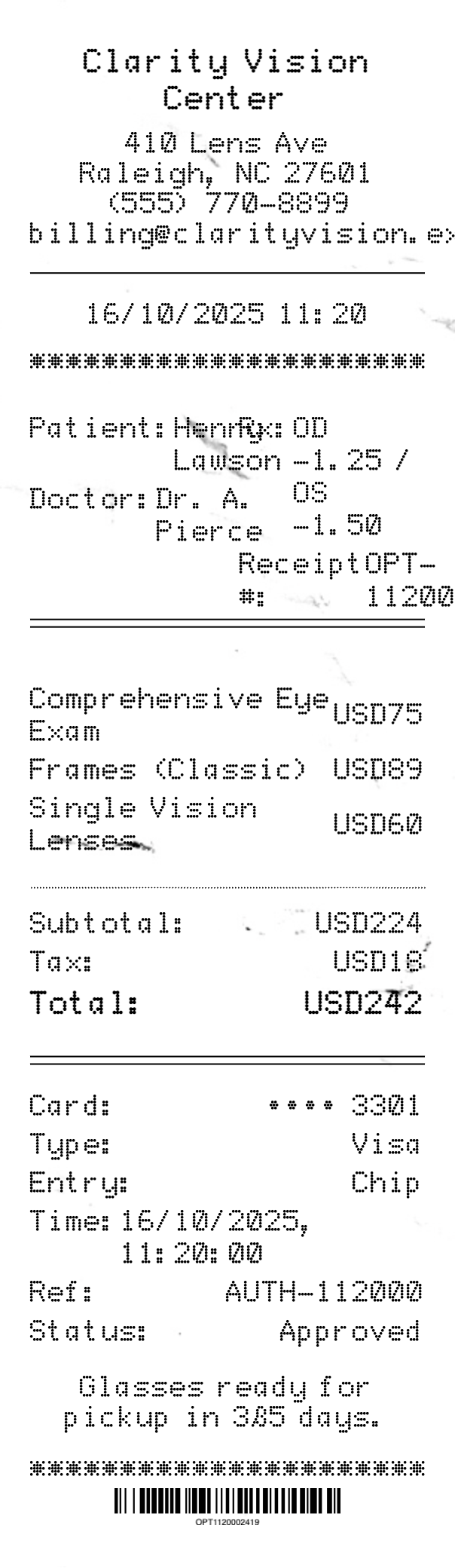Optometrist Receipt - Professional receipt template preview