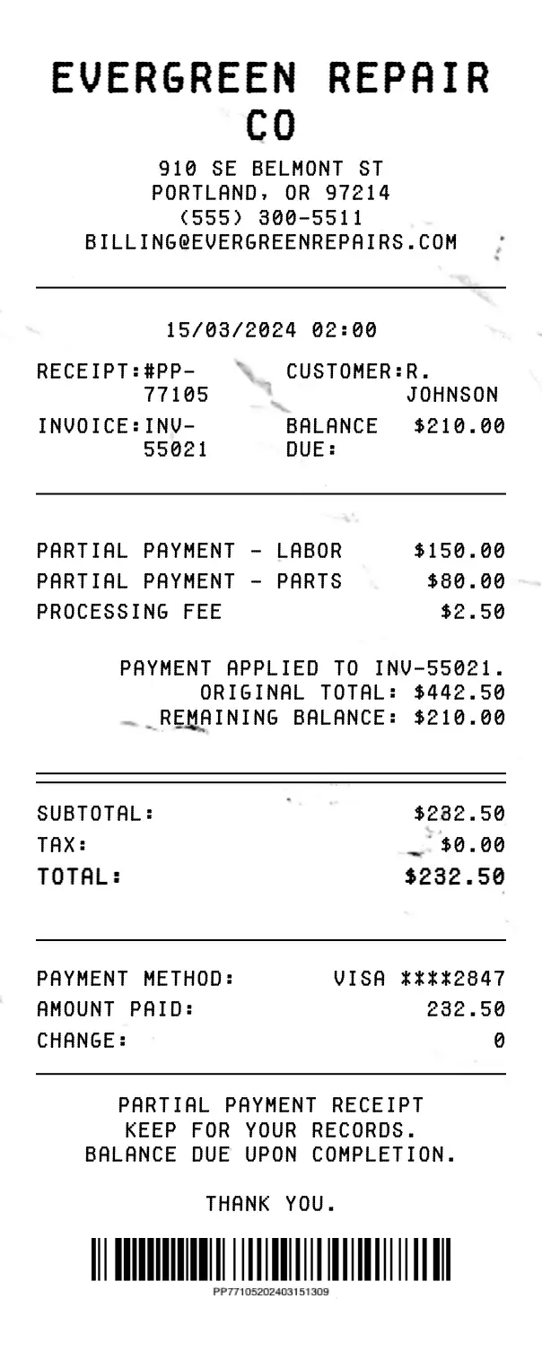 Partial Payment Receipt - Professional receipt template preview