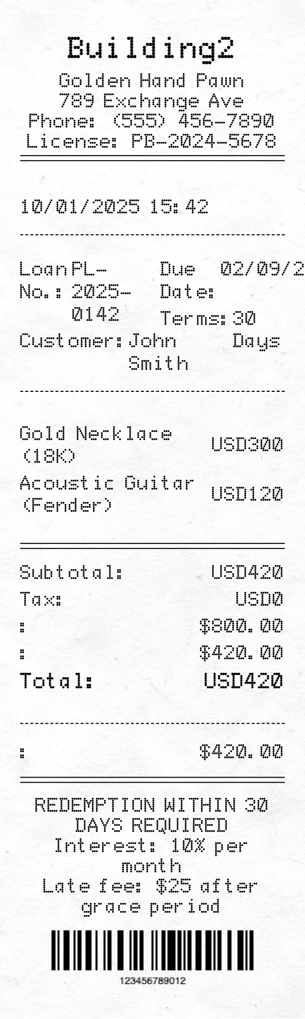 Pawn Shop Receipt - Professional receipt template preview