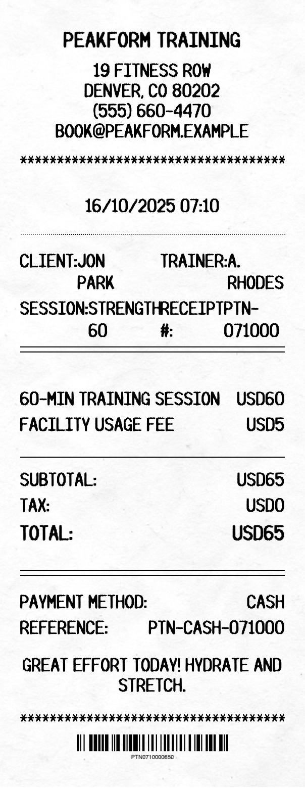 Personal Trainer Receipt - Professional receipt template preview