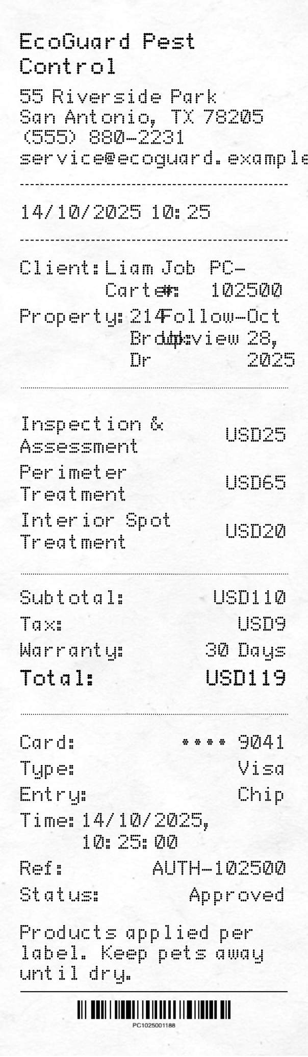 Pest Control Receipt - Professional receipt template preview