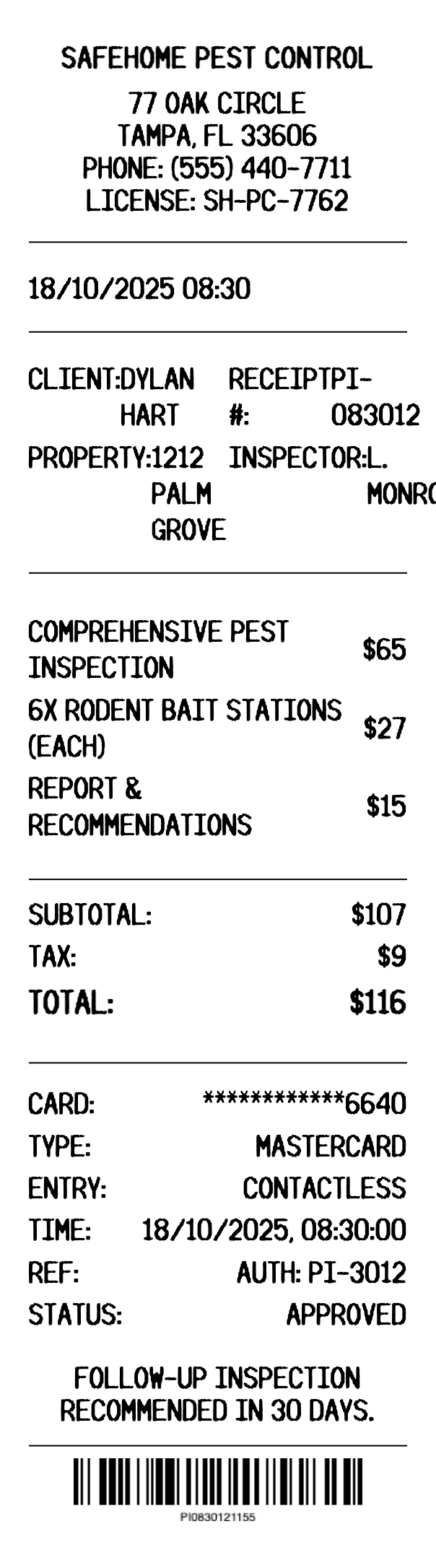 Pest Inspection Receipt preview