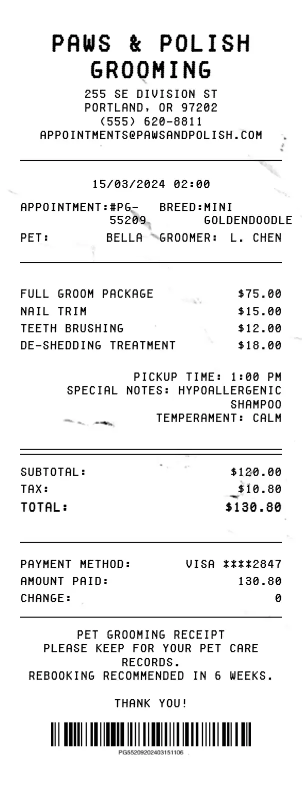 Pet Grooming Receipt preview