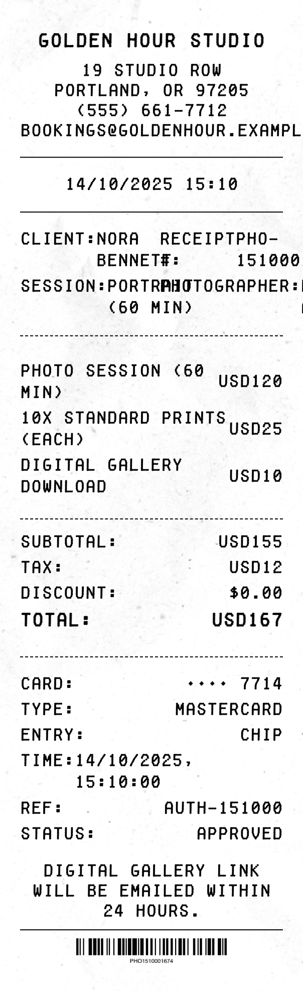 Photography Receipt - Professional receipt template preview
