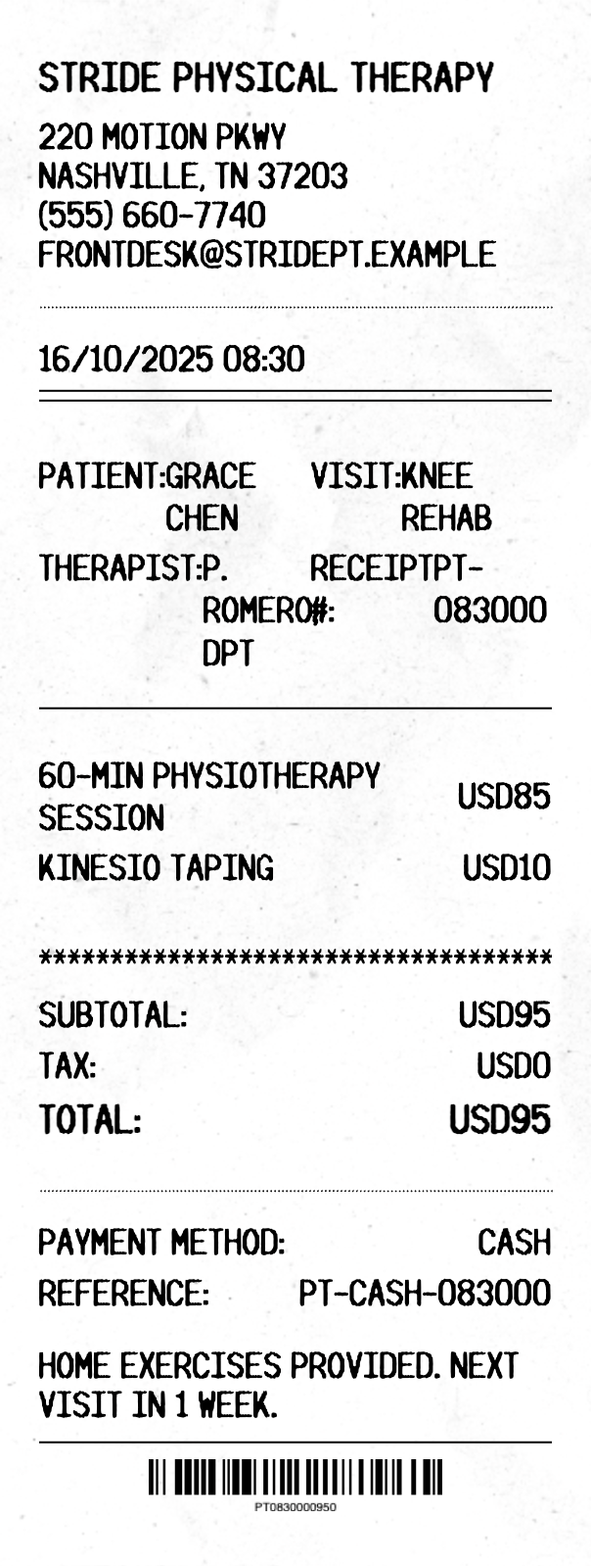Physiotherapy Receipt - Professional receipt template preview