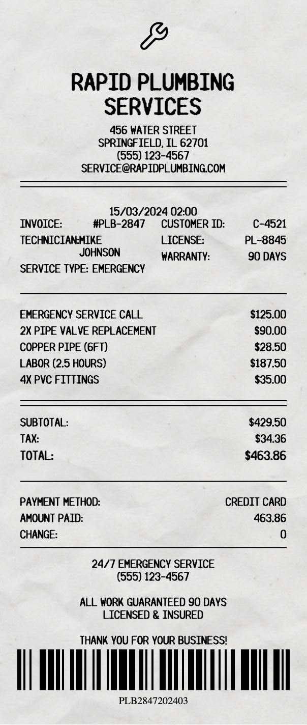 Plumbing Receipt - Professional receipt template preview