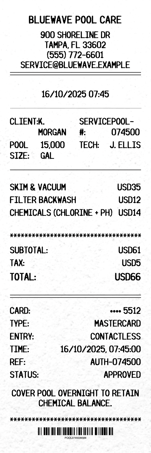 Pool Cleaning Receipt - Professional receipt template preview