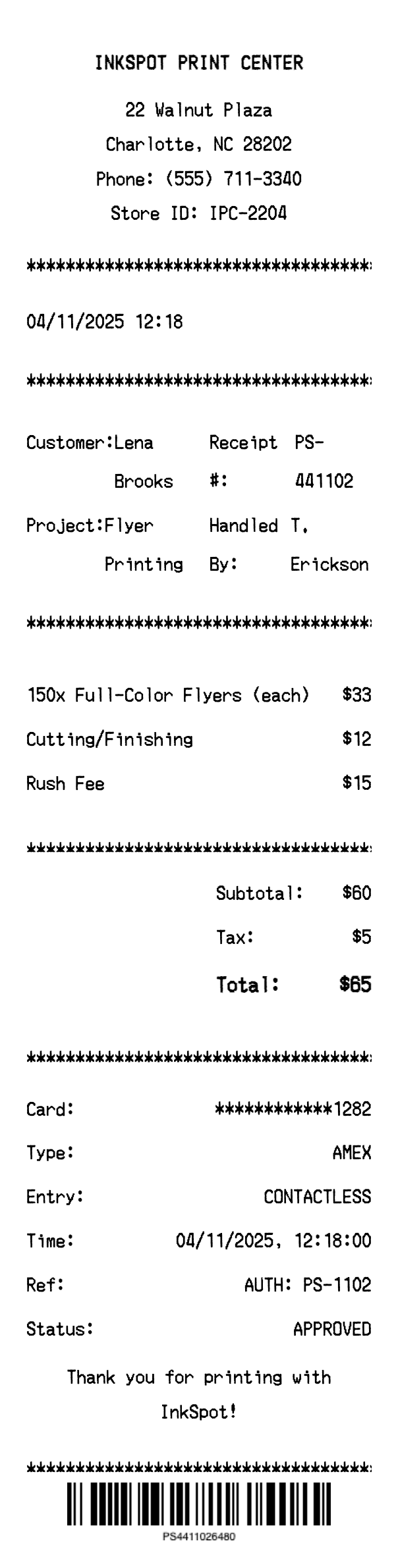 Printing Service Receipt preview