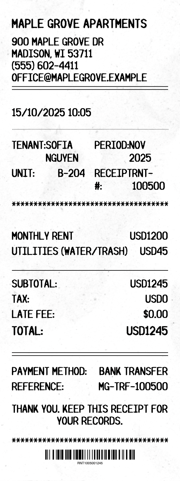 Rent Payment Receipt - Professional receipt template preview