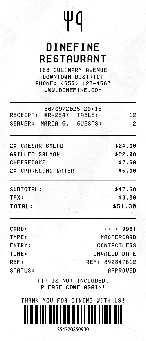 Restaurant Receipt - Professional receipt template preview