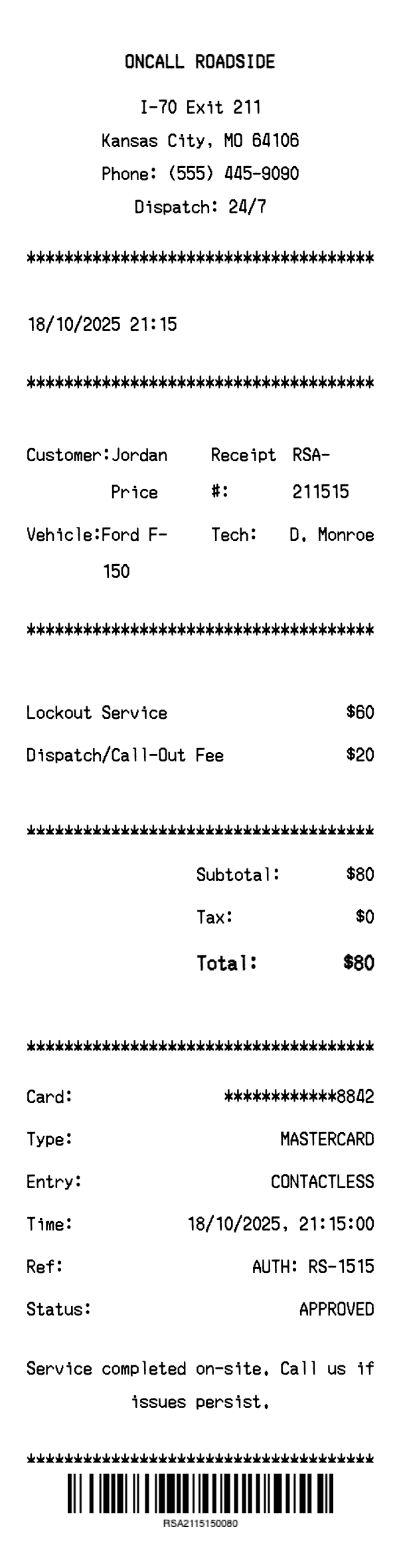 Roadside Assistance Receipt - Professional receipt template preview
