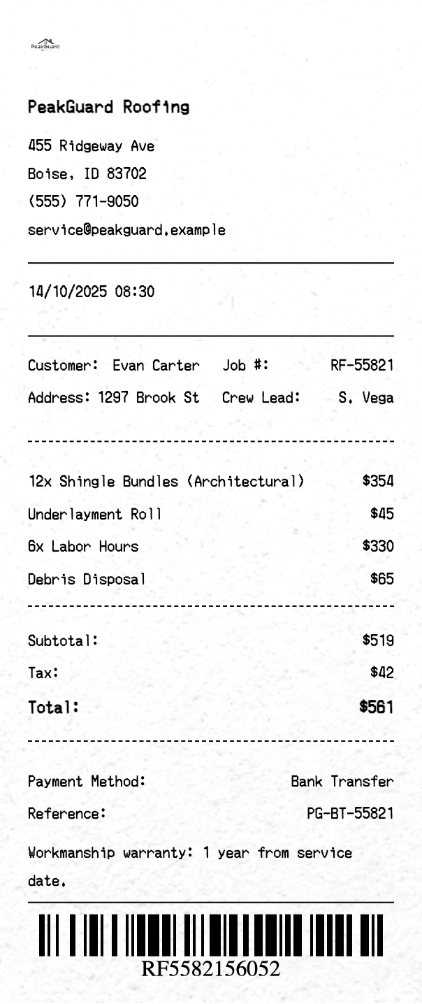 Roofing Receipt - Professional receipt template preview