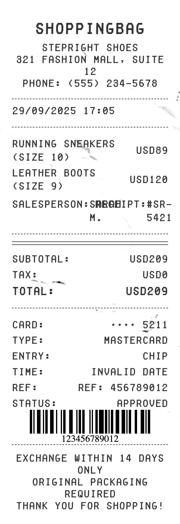 Shoe Store Receipt - Professional receipt template preview