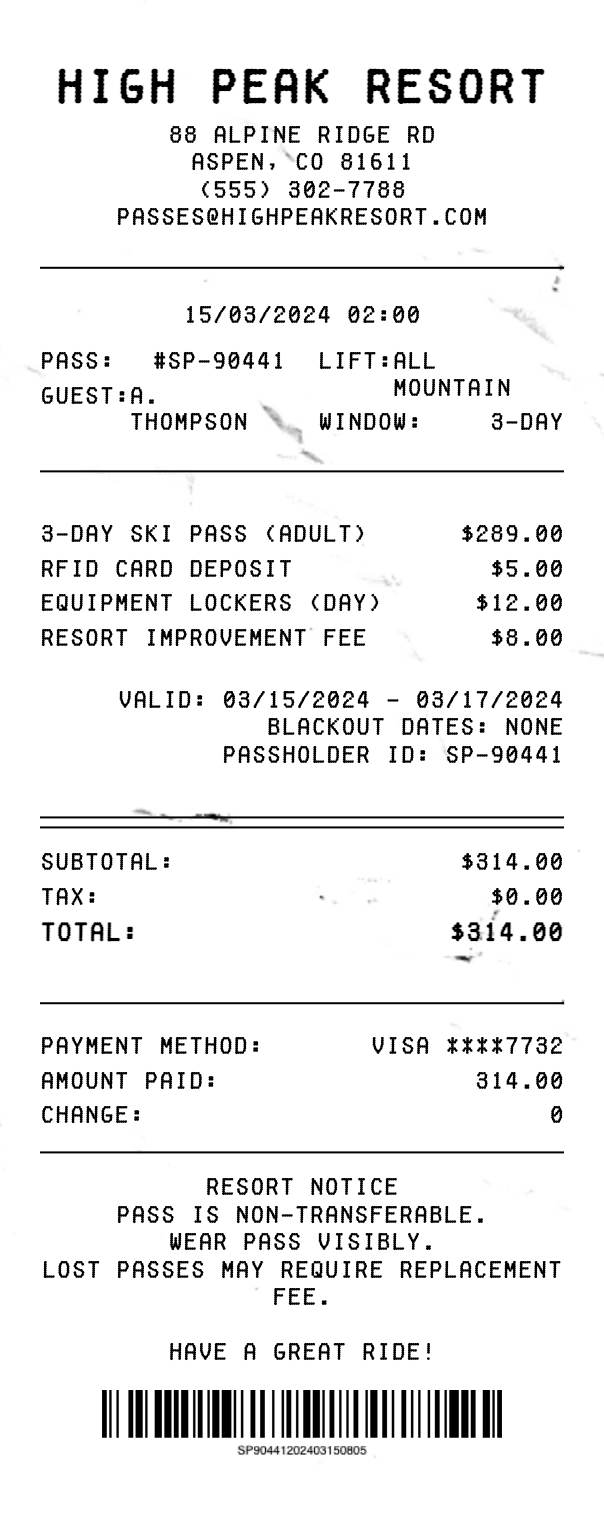 Ski Pass Receipt - Professional receipt template preview