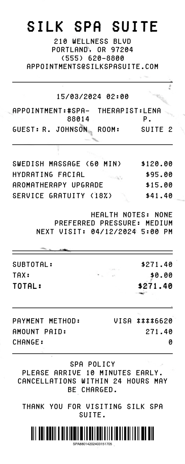 Spa Service Receipt - Professional receipt template preview