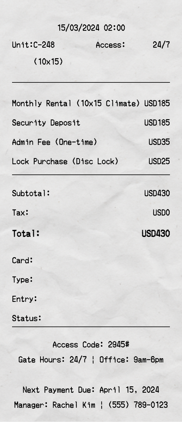 Storage Receipt - Professional receipt template preview