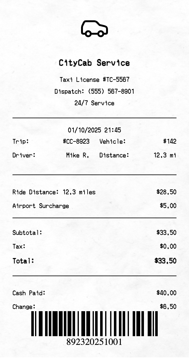 Taxi Receipt - Professional receipt template preview