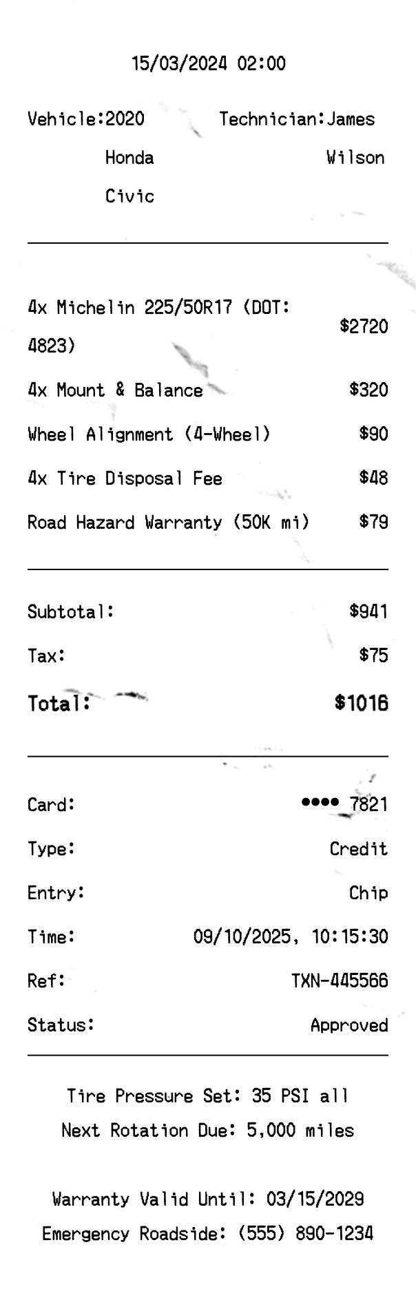 Tire Shop Receipt - Professional receipt template preview