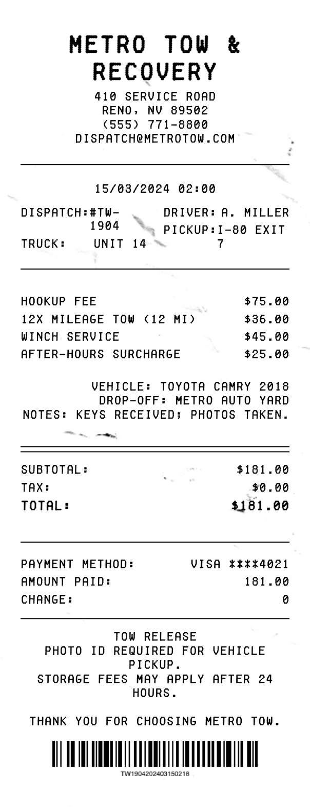 Tow Truck Receipt - Professional receipt template preview