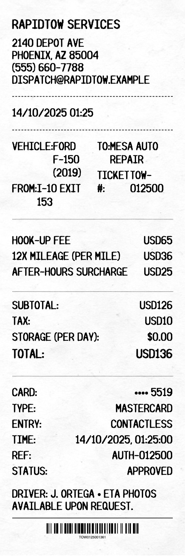 Towing Receipt - Professional receipt template preview