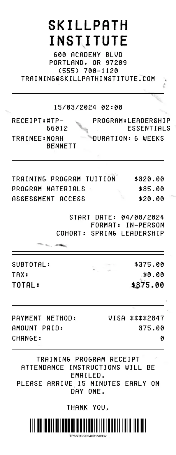 Training Program Receipt preview