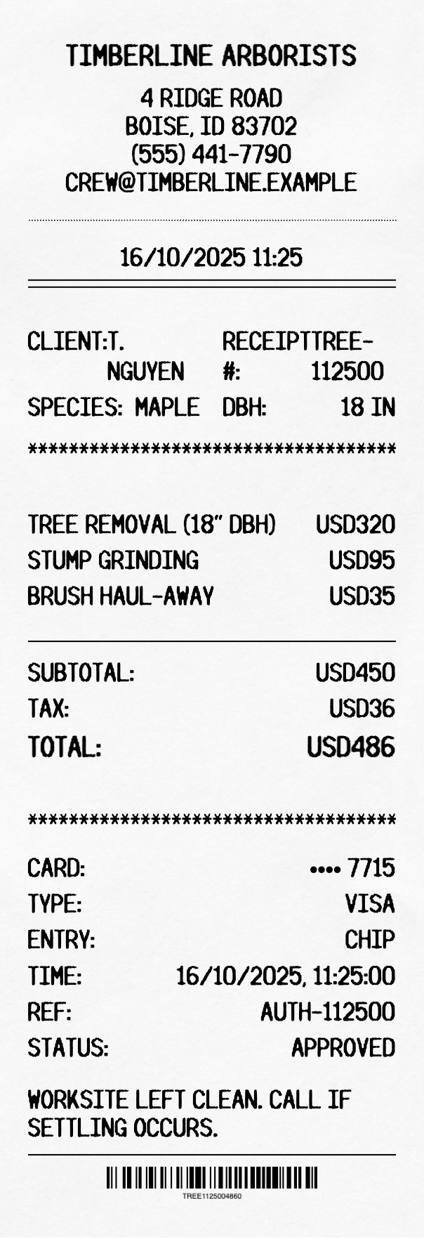 Tree Removal Receipt - Professional receipt template preview