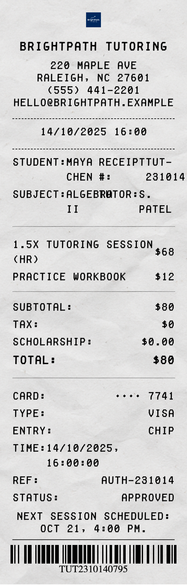 Tutoring Receipt - Professional receipt template preview