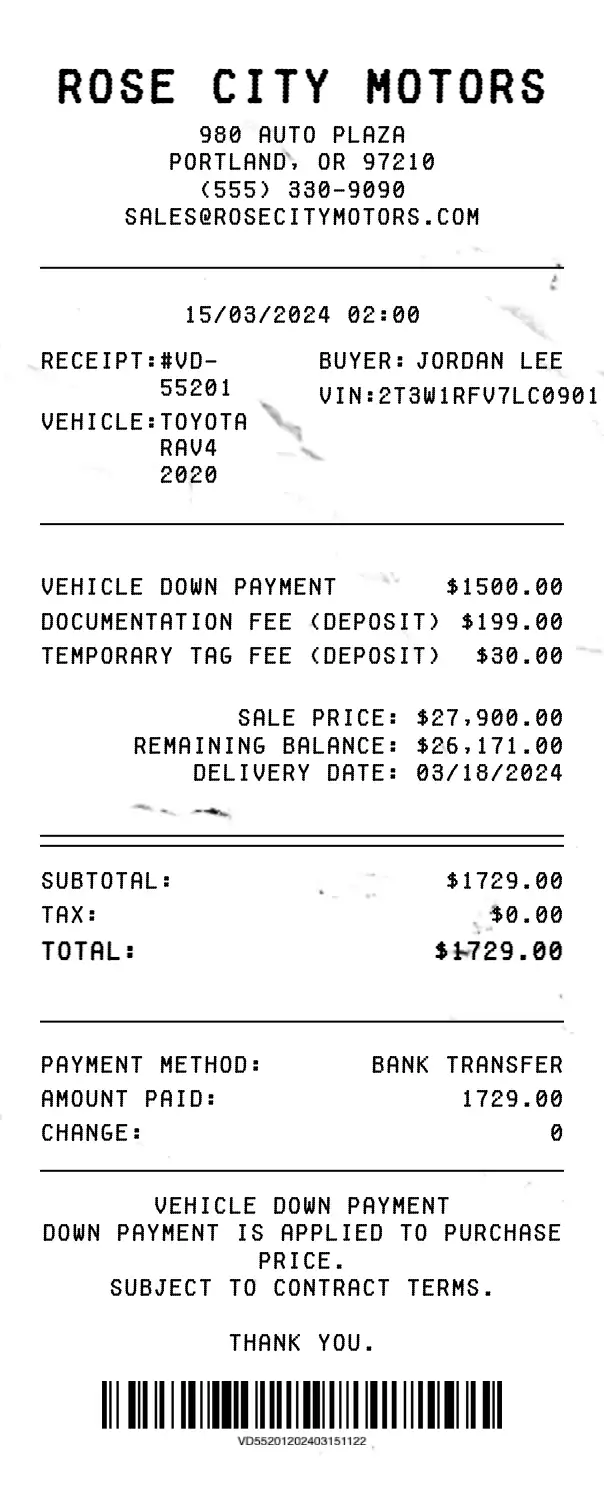 Vehicle Down Payment Receipt - Professional receipt template preview