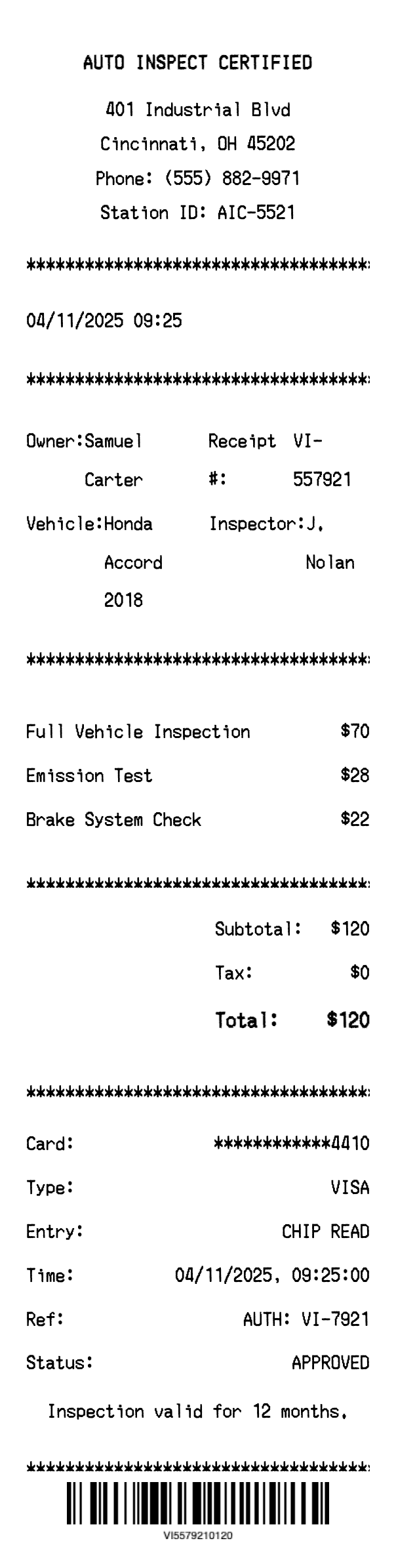 Vehicle Inspection Receipt - Professional receipt template preview