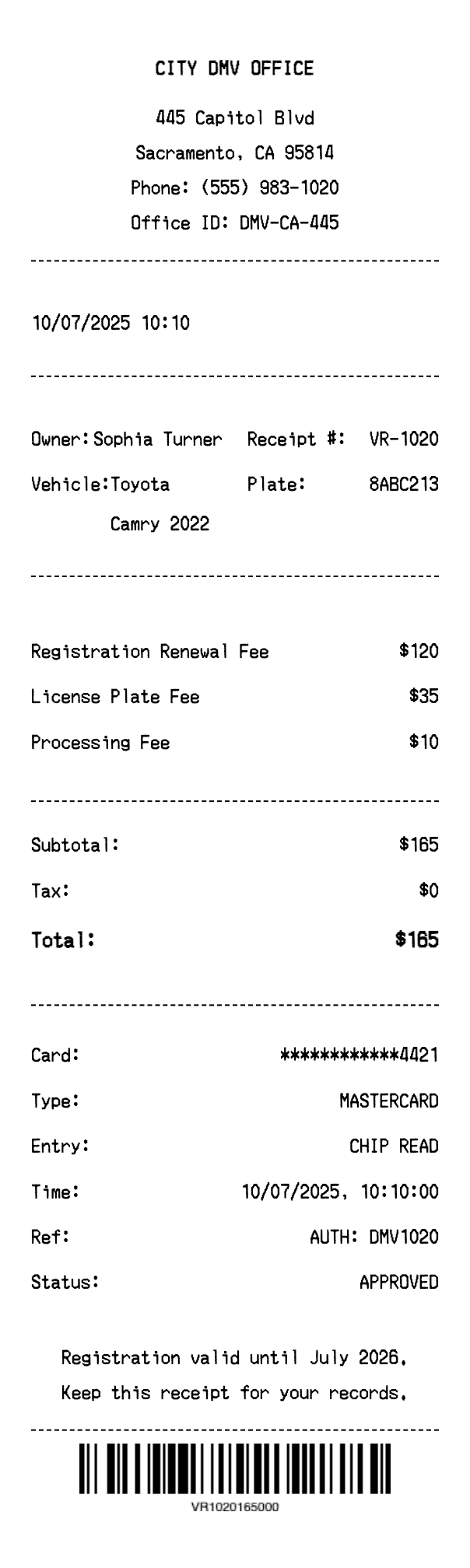 Vehicle Registration Receipt - Professional receipt template preview