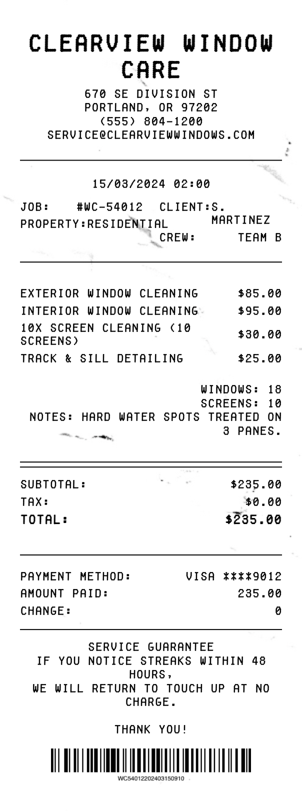 Window Cleaning Receipt - Professional receipt template preview