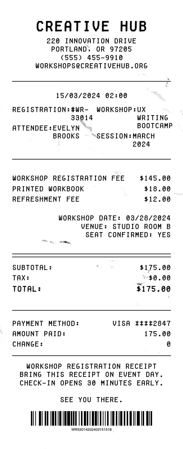 Workshop Registration Receipt preview