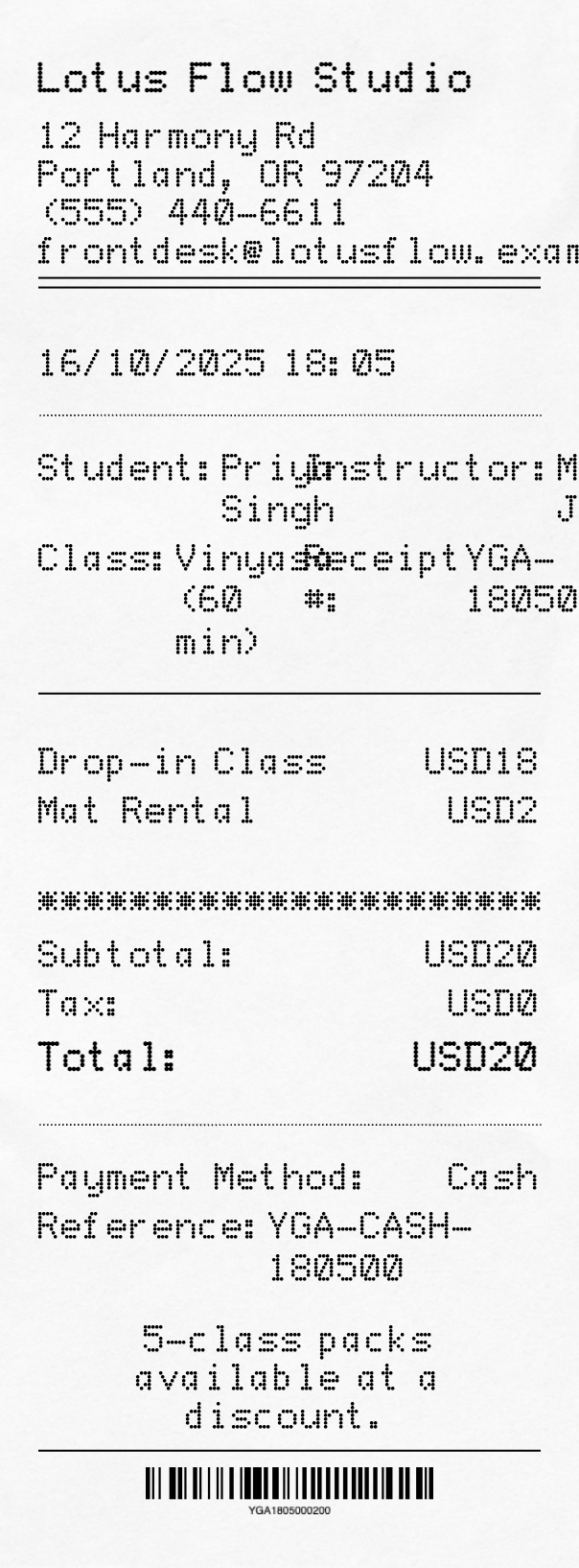 Yoga Class Receipt - Professional receipt template preview